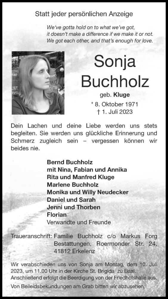  Traueranzeige für Sonja Buchholz vom 09.07.2023 aus Zeitung am Sonntag