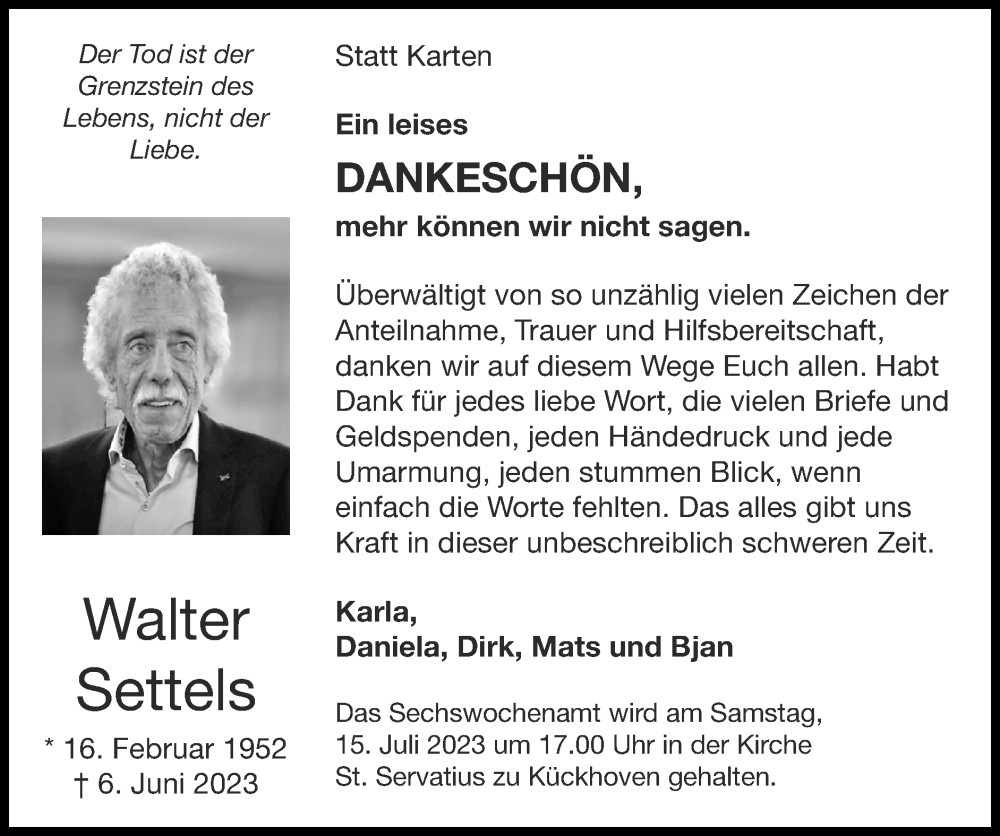  Traueranzeige für Walter Settels vom 09.07.2023 aus Zeitung am Sonntag