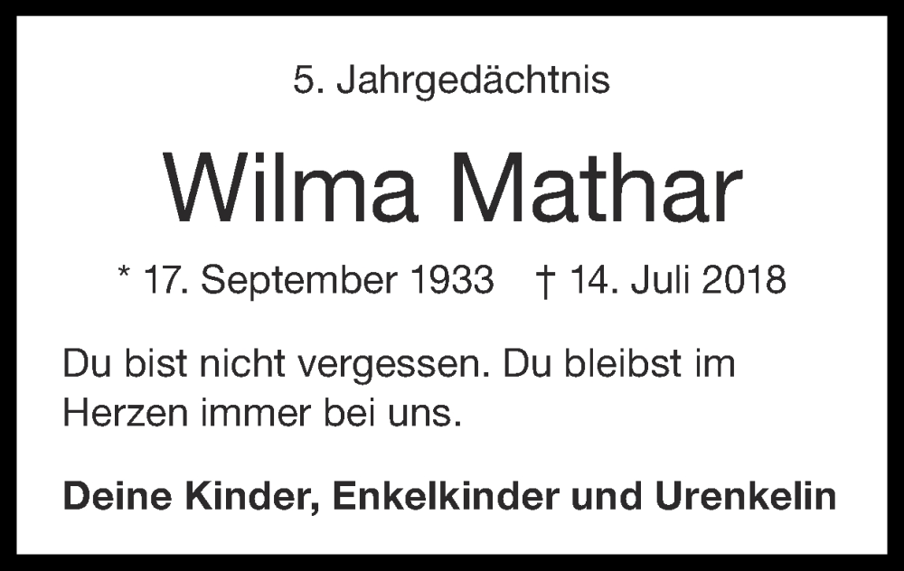  Traueranzeige für Wilma Mathar vom 16.07.2023 aus Zeitung am Sonntag