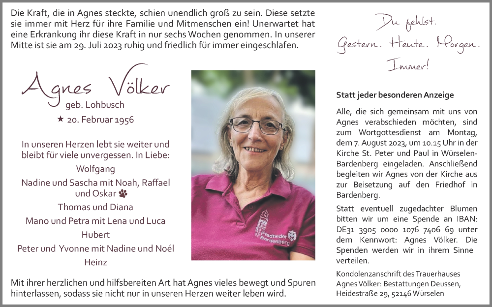  Traueranzeige für Agnes Völker vom 06.08.2023 aus Zeitung am Sonntag