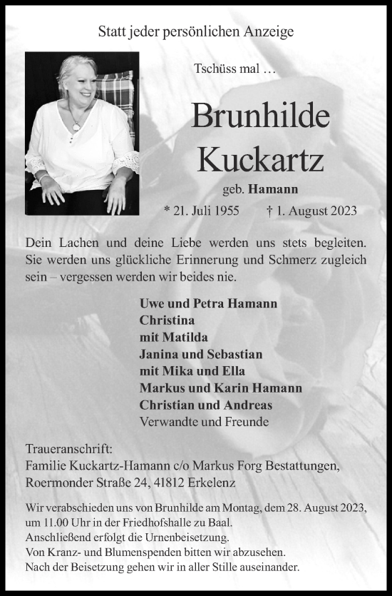 Traueranzeige von Brunhilde Kuckartz von Zeitung am Sonntag