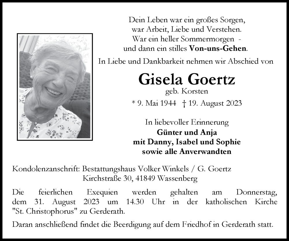 Traueranzeigen von Gisela Goertz | Aachen gedenkt