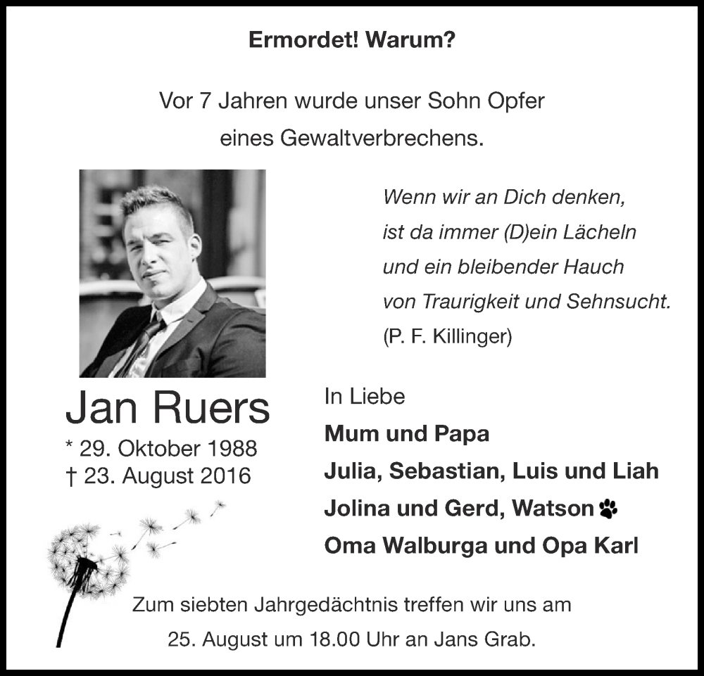  Traueranzeige für Jan Ruers vom 20.08.2023 aus Zeitung am Sonntag