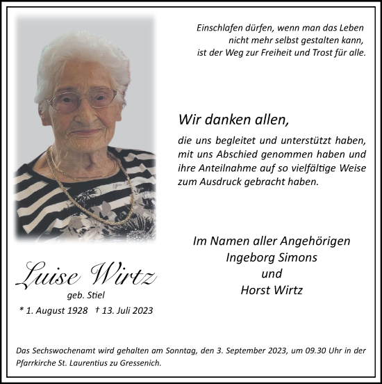 Traueranzeige von Luise Wirtz von Zeitung am Sonntag