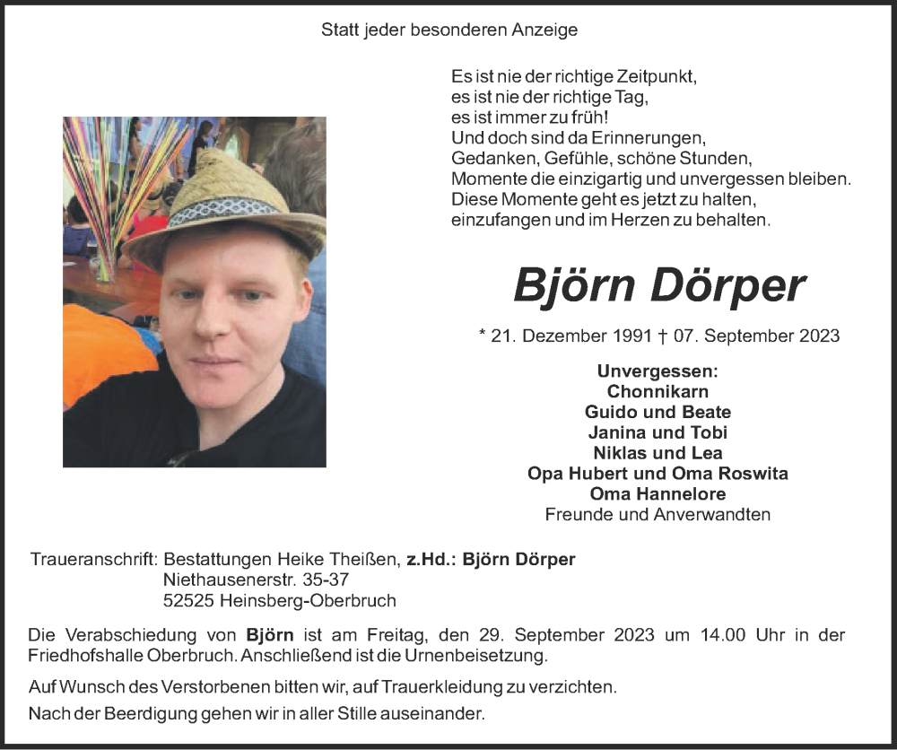  Traueranzeige für Björn Dörper vom 17.09.2023 aus Zeitung am Sonntag