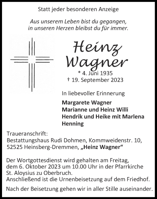 Traueranzeige von Heinz Wagner von Zeitung am Sonntag