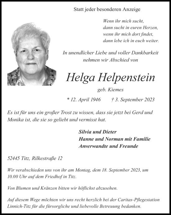 Traueranzeige von Helga Helpenstein von Zeitung am Sonntag