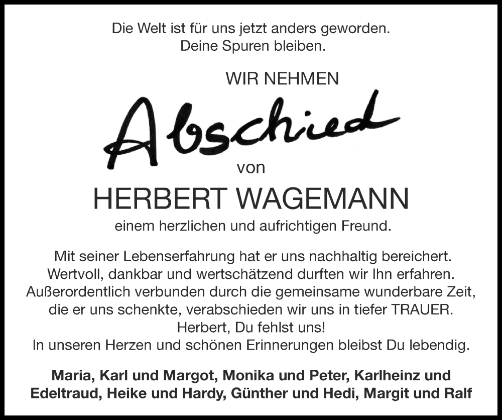  Traueranzeige für Herbert Wagemann vom 03.09.2023 aus Zeitung am Sonntag