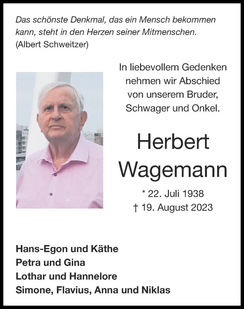  Traueranzeige für Herbert Wagemann vom 03.09.2023 aus Zeitung am Sonntag