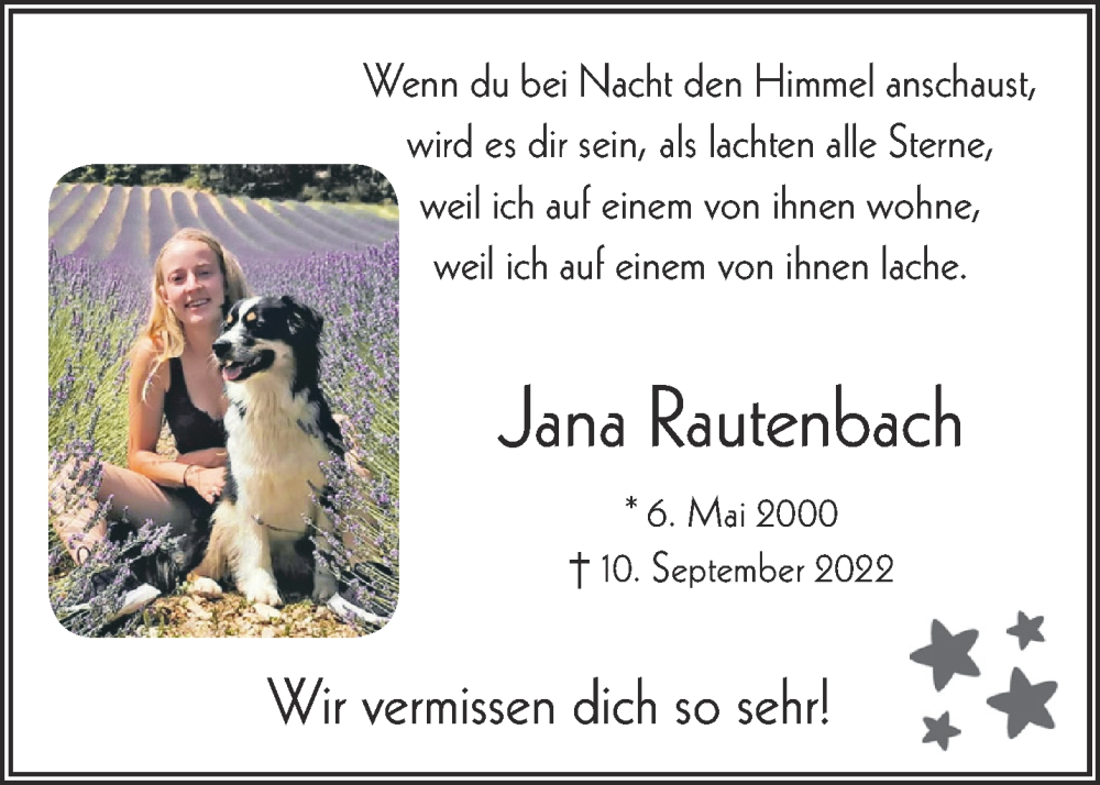  Traueranzeige für Jana Rautenbach vom 09.09.2023 aus Aachener Zeitung