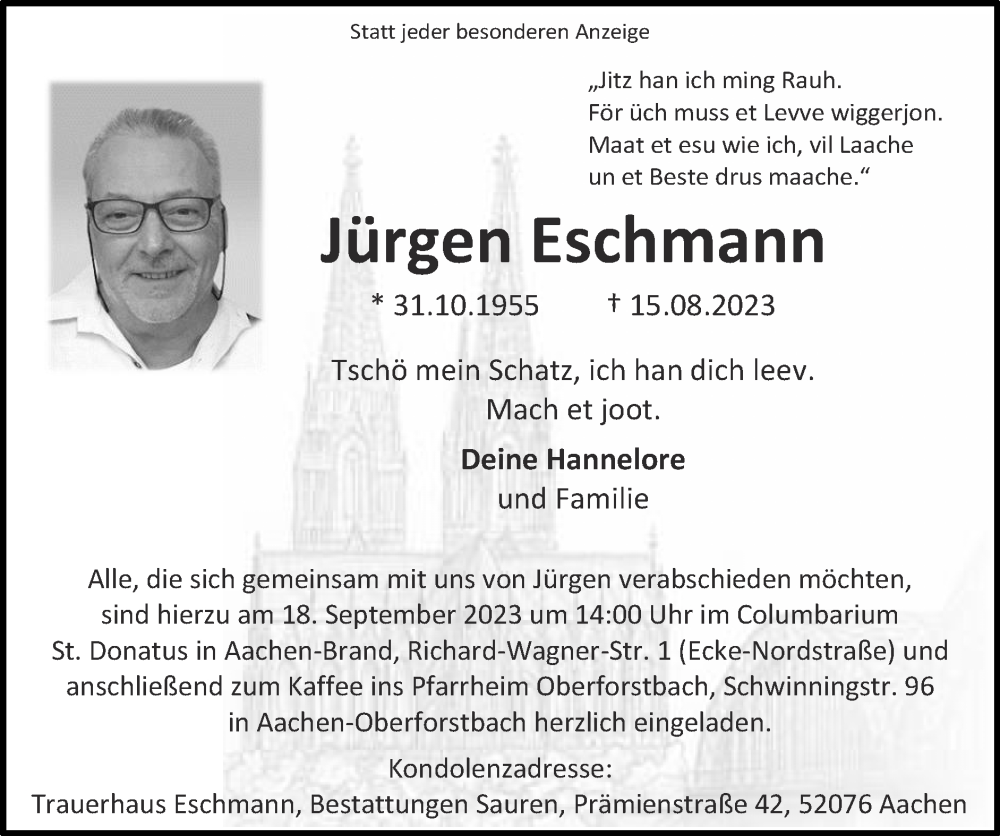  Traueranzeige für Jürgen Eschmann vom 03.09.2023 aus Zeitung am Sonntag