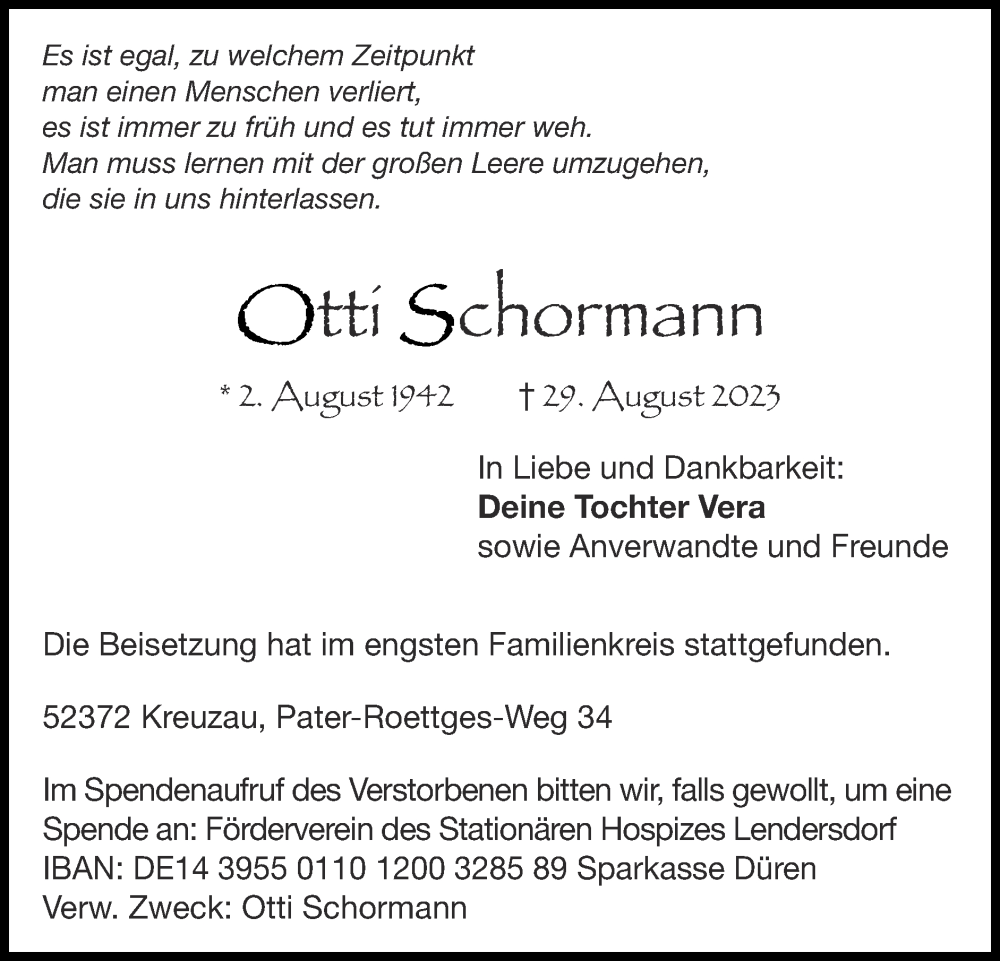 Traueranzeigen Von Otti Schormann Aachen Gedenkt 2450