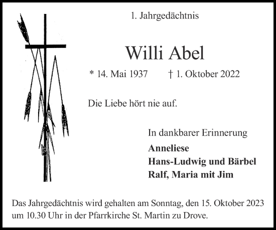 Traueranzeige von Willi Abel von Zeitung am Sonntag