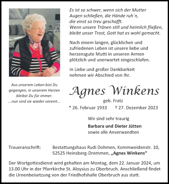 Traueranzeige von Agnes Winkens von Zeitung am Sonntag