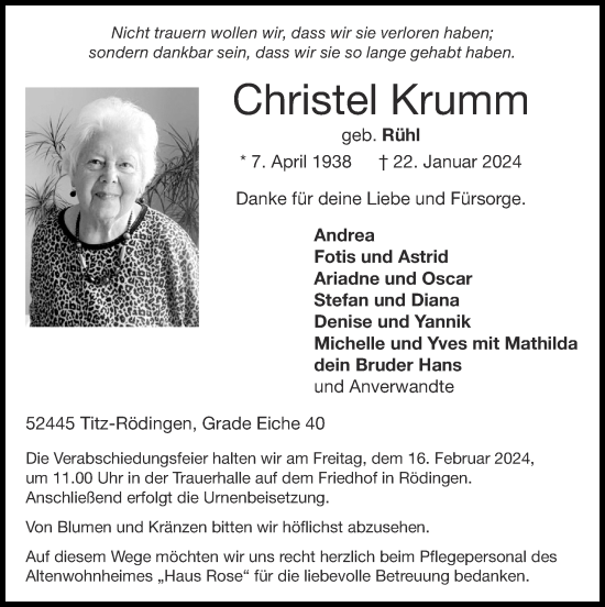 Traueranzeige von Christel Krumm von Zeitung am Sonntag