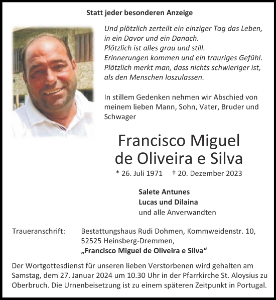 Traueranzeige von Francisco Miguel de Oliveira e Silva von Zeitung am Sonntag