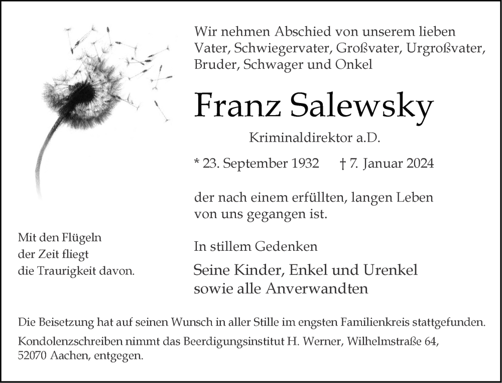 Traueranzeigen Von Franz Salewsky | Aachen Gedenkt