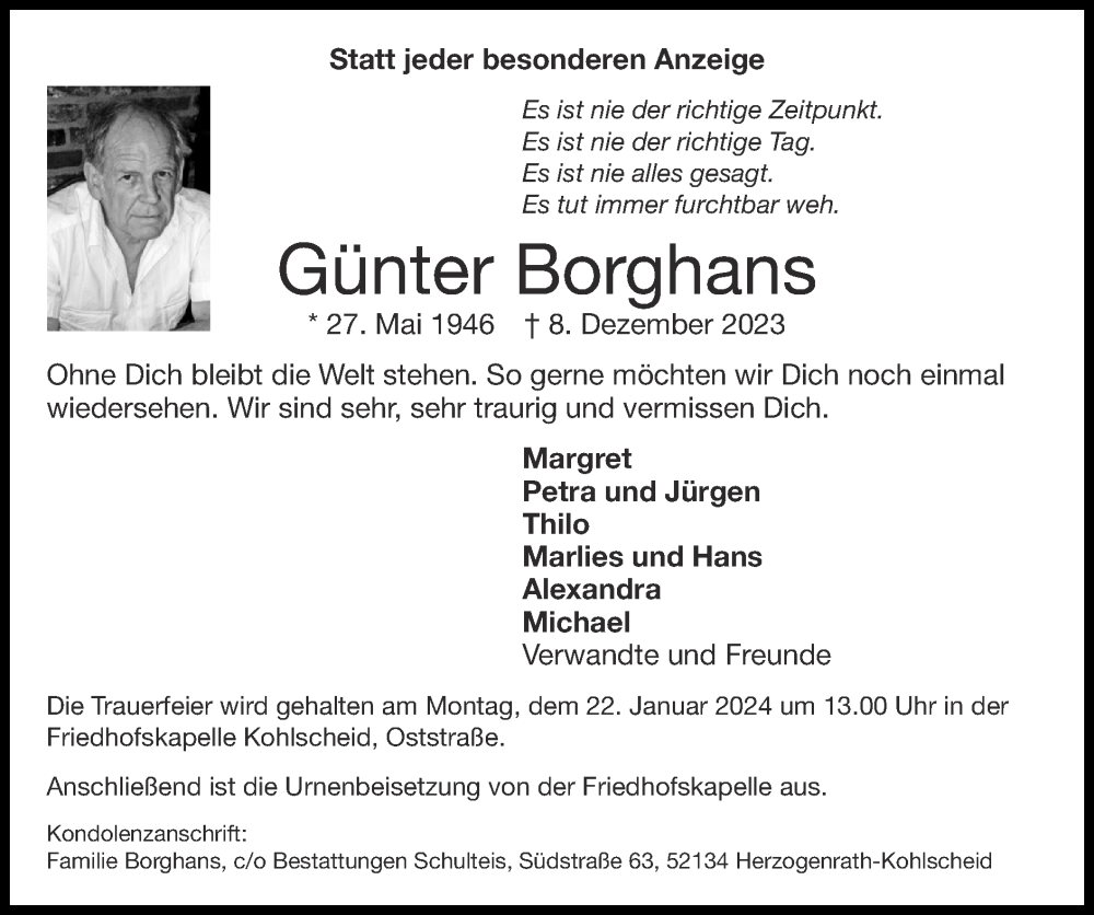  Traueranzeige für Günter Borghans vom 14.01.2024 aus Zeitung am Sonntag