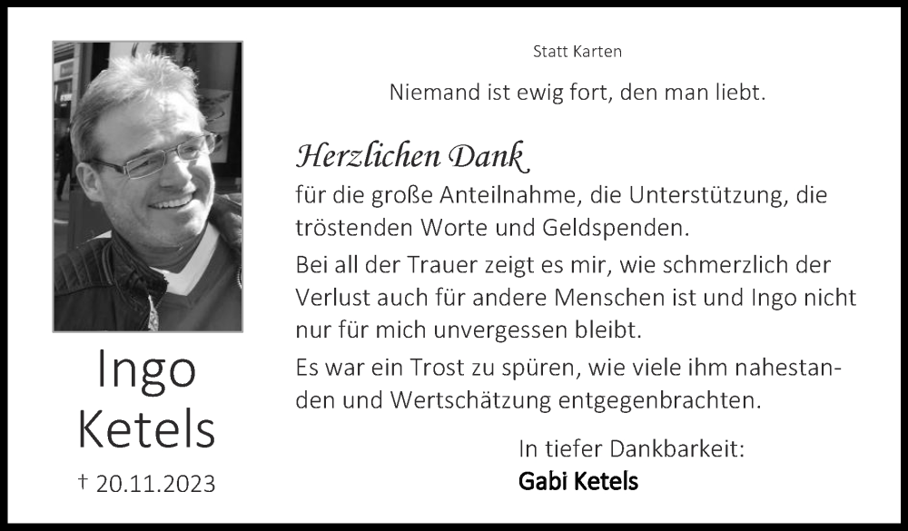  Traueranzeige für Ingo Ketels vom 14.01.2024 aus Zeitung am Sonntag