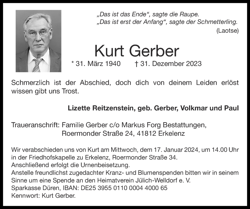  Traueranzeige für Kurt Gerber vom 07.01.2024 aus Zeitung am Sonntag