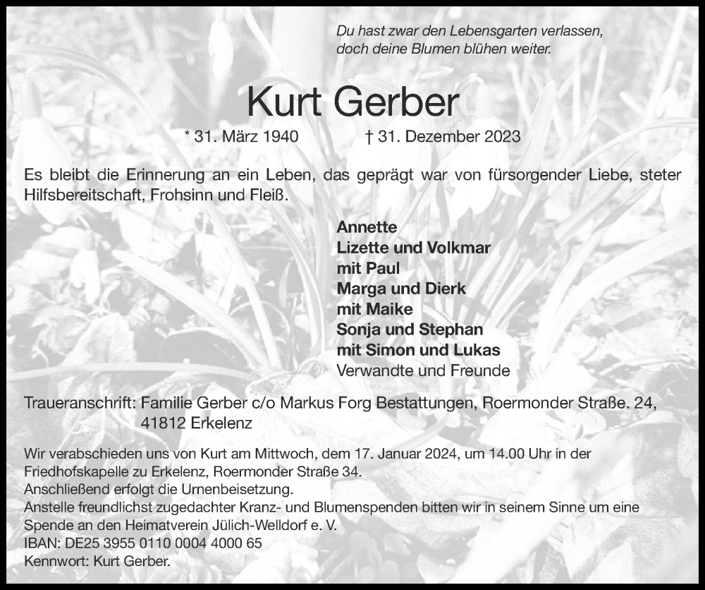  Traueranzeige für Kurt Gerber vom 07.01.2024 aus Zeitung am Sonntag