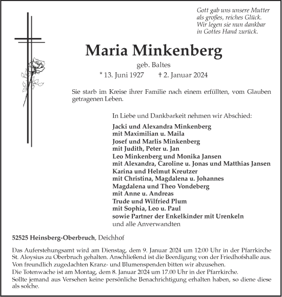 Traueranzeige von Maria Minkenberg von Aachener Zeitung