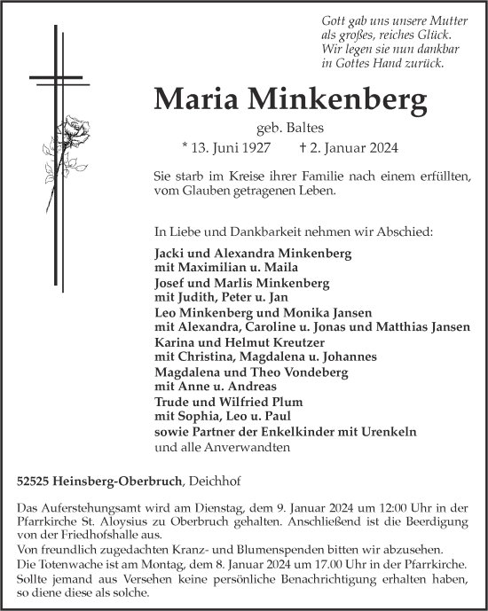 Traueranzeige von Maria Minkenberg von Zeitung am Sonntag