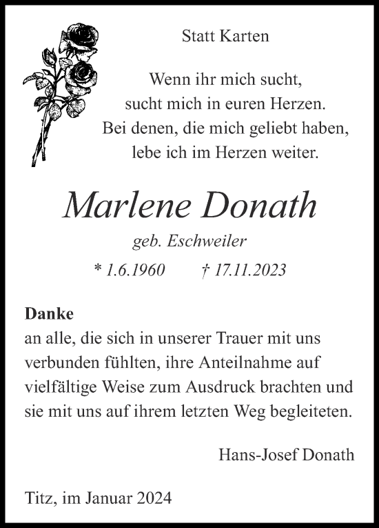 Traueranzeige von Marlene Donath von Zeitung am Sonntag