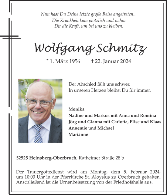 Traueranzeige von Wolfgang Schmitz von Zeitung am Sonntag