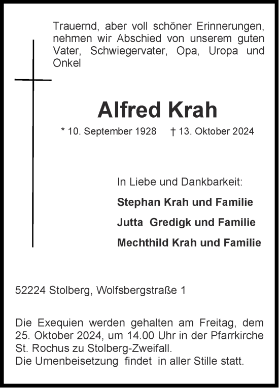 Traueranzeige von Alfred Krah von Zeitung am Sonntag