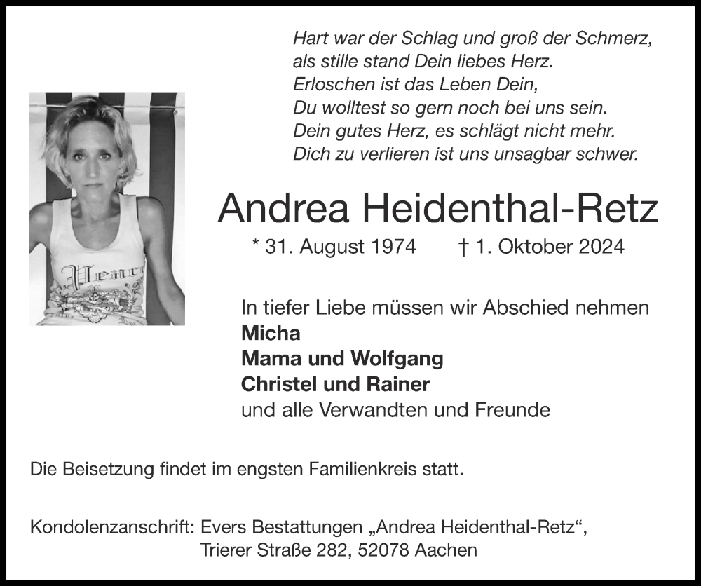  Traueranzeige für Andrea Heidenthal-Retz vom 13.10.2024 aus Zeitung am Sonntag