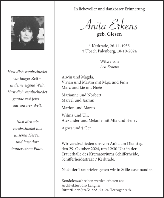 Traueranzeige von Anita Erkens von Zeitung am Sonntag