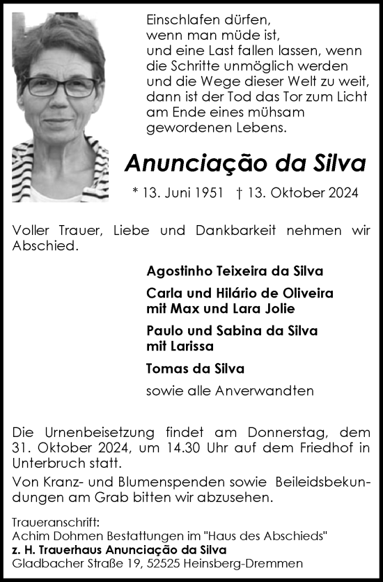 Traueranzeige von Anunciacão  da Silva von Zeitung am Sonntag