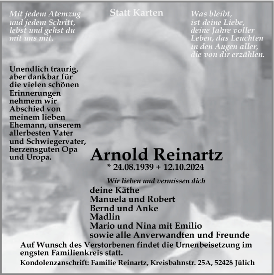 Traueranzeige von Arnold Reinartz von Zeitung am Sonntag