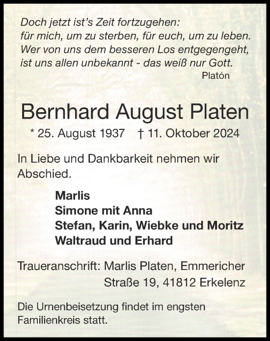 Traueranzeige von Bernhard August Platen von Zeitung am Sonntag