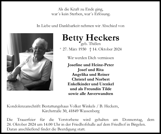 Traueranzeige von Betty Heckers von Zeitung am Sonntag