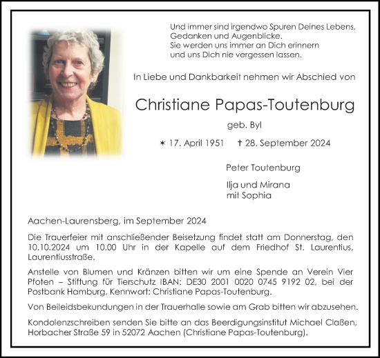 Traueranzeige von Christiane Papas-Toutenburg von Aachener Zeitung