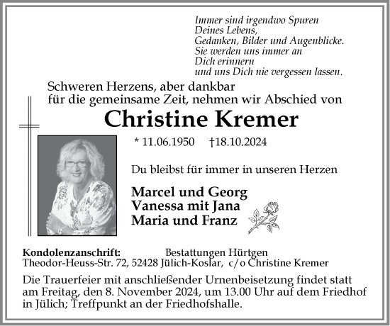 Traueranzeige von Christine Kremer von Zeitung am Sonntag