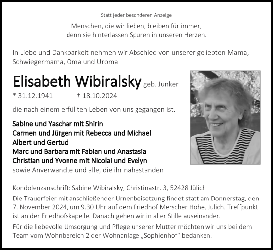 Traueranzeige von Elisabeth Wibiralsky von Zeitung am Sonntag