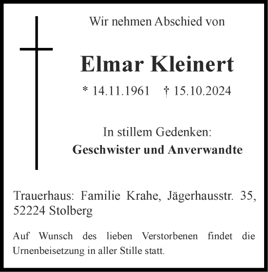 Traueranzeige von Elmar Kleinert von Zeitung am Sonntag