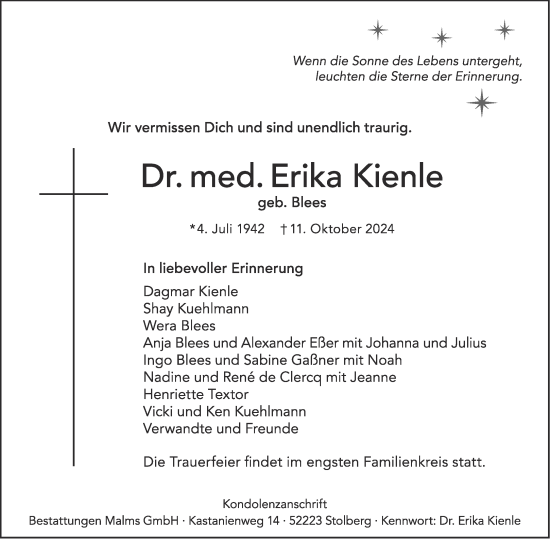 Traueranzeige von Erika Kienle von Aachener Zeitung