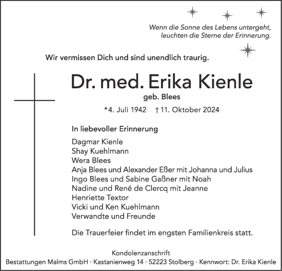 Traueranzeige von Erika Kienle von Zeitung am Sonntag