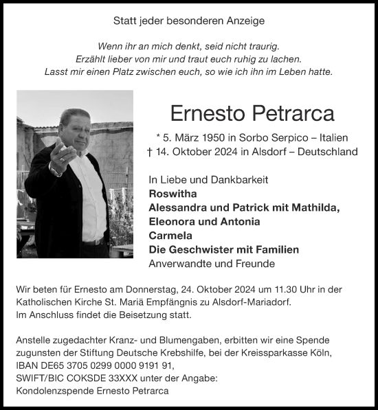 Traueranzeige von Ernesto Petrarca von Zeitung am Sonntag