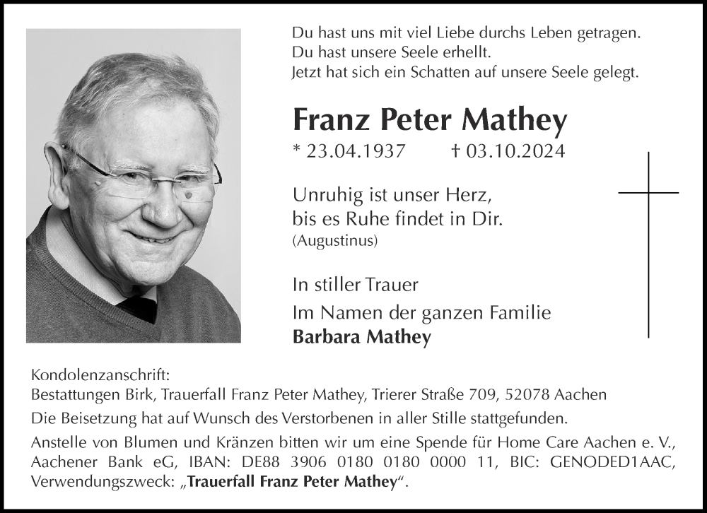  Traueranzeige für Franz Peter Mathey vom 12.10.2024 aus Aachener Zeitung