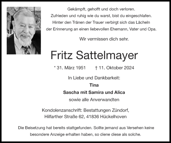 Traueranzeige von Fritz Sattelmayer von Zeitung am Sonntag