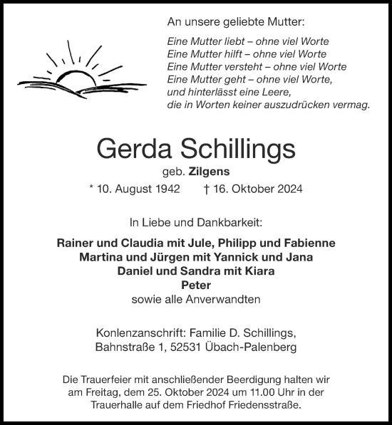 Traueranzeige von Gerda Schillings von Zeitung am Sonntag