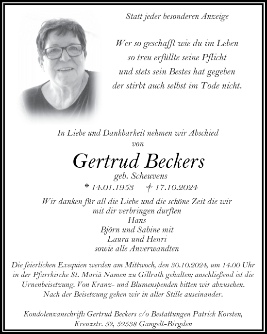 Traueranzeige von Gertrud Beckers von Aachener Zeitung