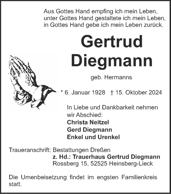 Traueranzeige von Gertrud Diegmann von Zeitung am Sonntag