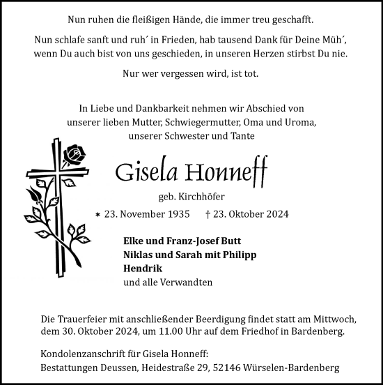 Traueranzeige von Gisela Honneff von Zeitung am Sonntag