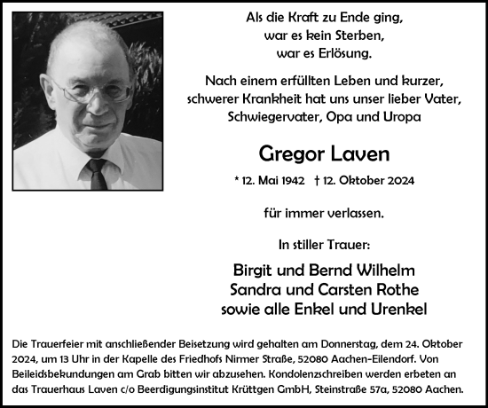 Traueranzeige von Gregor Laven von Zeitung am Sonntag